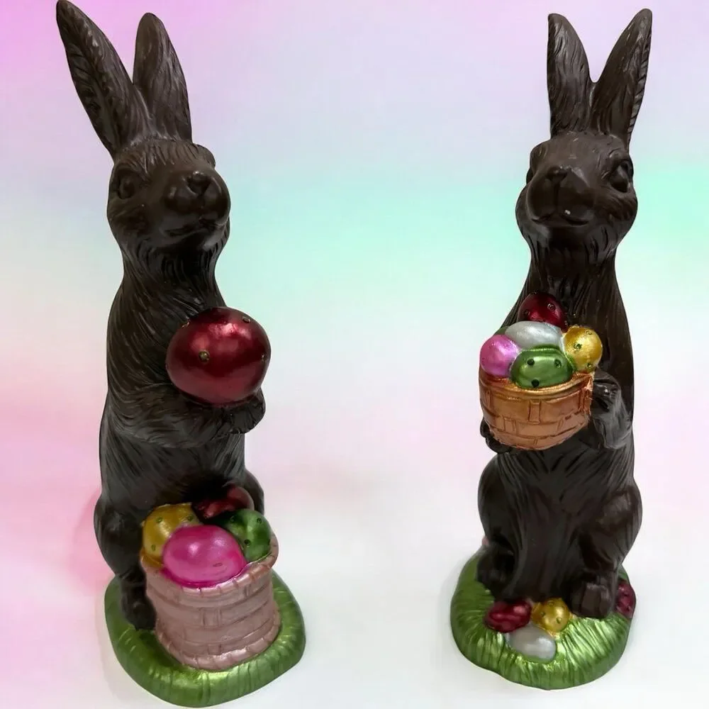 Set of 2 Easter Bunny Figurines Holding Colorful Eggs Spring Decor Rabbit Statue